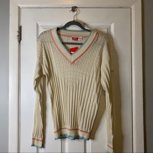 Vintage Deadstock TAIL Hong Kong Preppy V-Neck Cable Knit Pullover Sweater Med - Picture 1 of 13